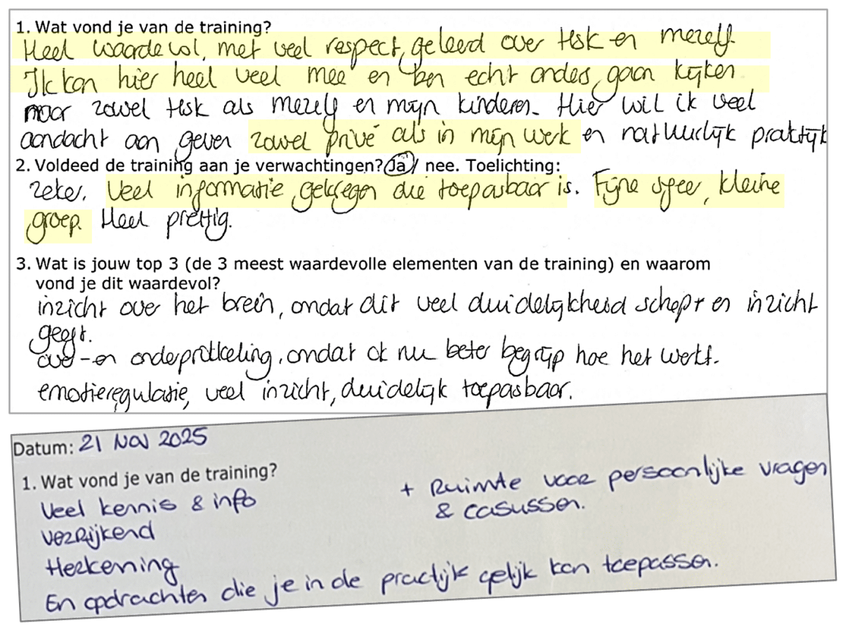 Handgeschreven feedback van deelnemers van de Training HSK Coach om hoogsensitieve kinderen te begeleiden